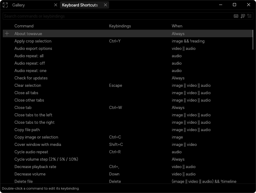 The Keyboard Shortcuts view with commands and editable keybindings